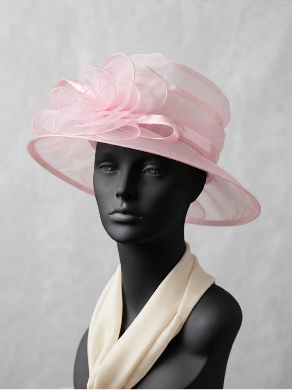 Fine Millinery Light Pink Wide-Brim Sheer Organza Dress Hat Sculpted Ribbon Loop